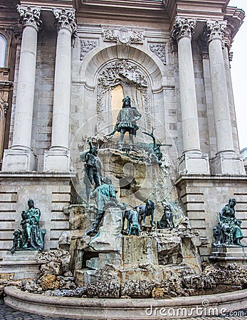 Alajos Stroblâ€™s Neo-Baroque masterpiece: Matthias Fountain, a monumental fountain group in the western forecourt of Buda Castle Stock Photo